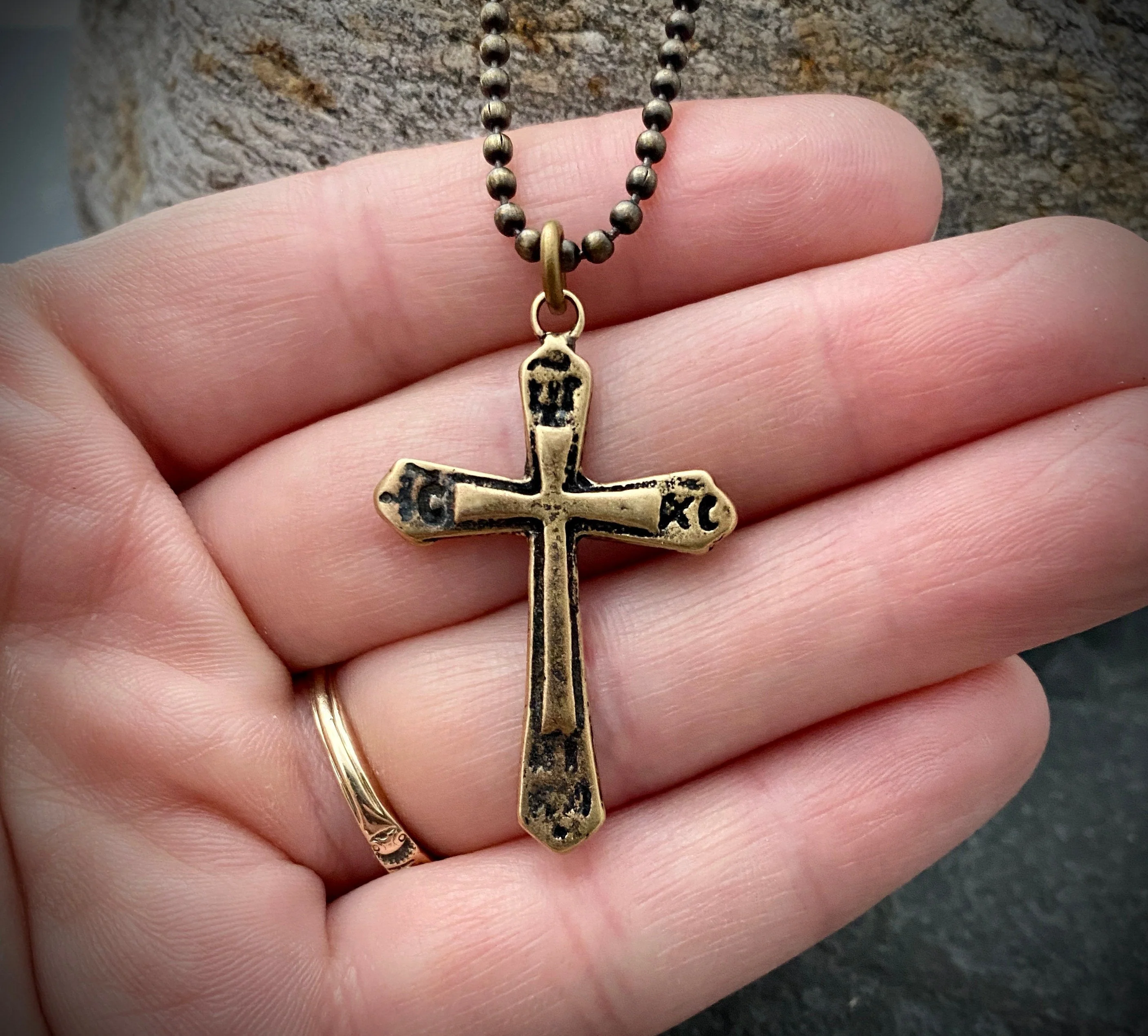 Ancient Antique Bronze Cross on Men's Brass Bead Chain, Unisex Necklace, Antiqued Medieval Cross, Men's Fashion, BR-029 - Image 2