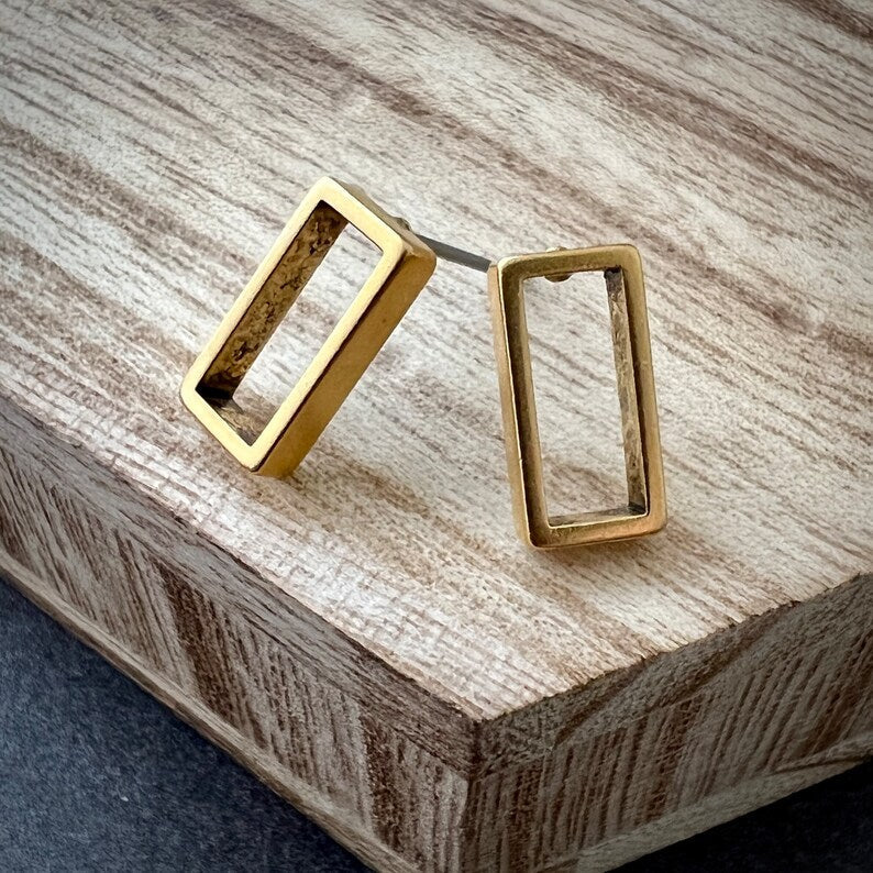 Gold Rectangle Post Earrings, Small Studs, Simple Everyday Minimalist Jewelry, JohnnyGirl - Image 2