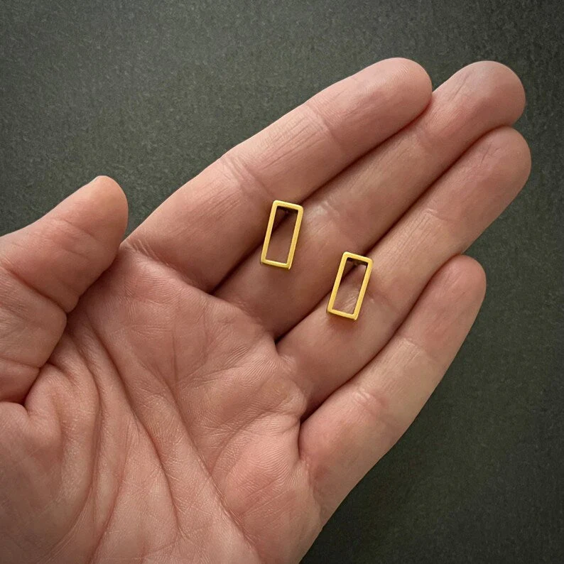 Gold Rectangle Post Earrings, Small Studs, Simple Everyday Minimalist Jewelry, JohnnyGirl - Image 3