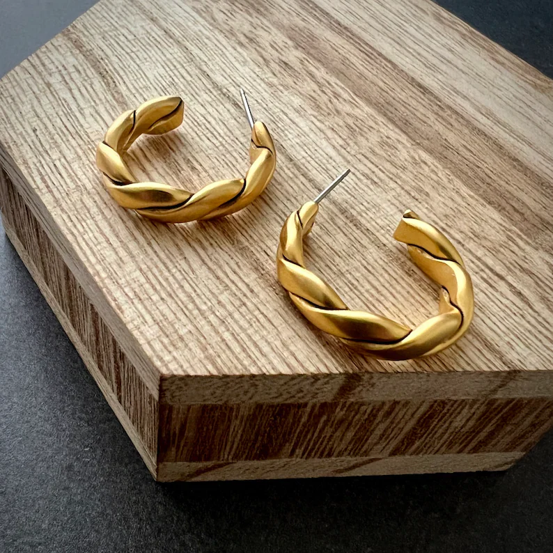 Gold Twisted Half Hoop Post, Rope Earrings, Simple Everyday Studs, JohnnyGirl Jewelry - Image 2