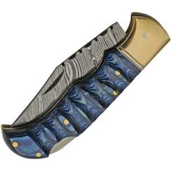 Grooved Lockback Damascus Pocket Knife - Blue - Image 3