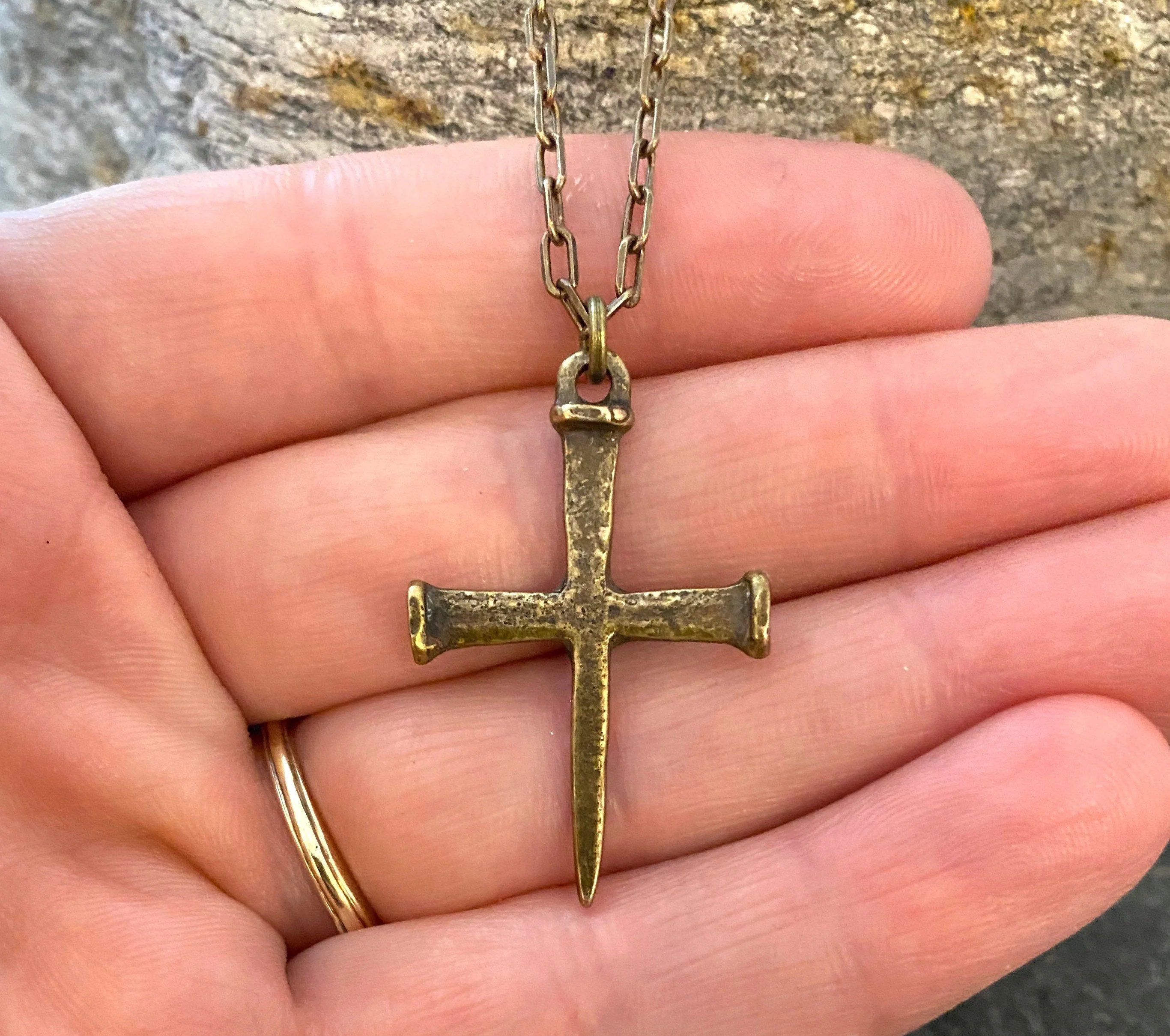 Johnny LTD Nail Spike Cross, Bronze Men's Necklace, Unisex Jewelry, 20 or 24 inches, BR-046 - Image 2