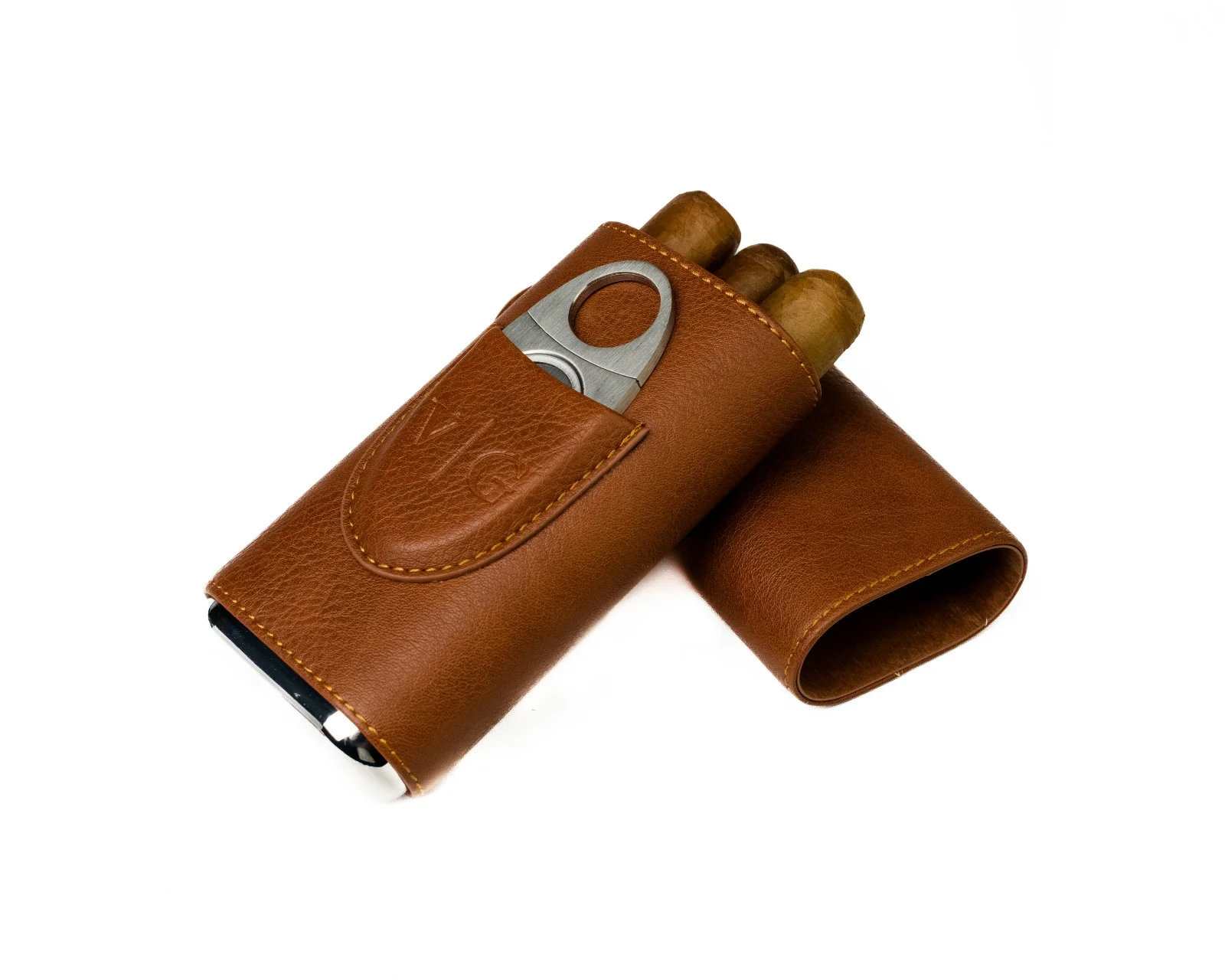 Luxury Brown Leather Cigar Case With Cutter - Image 3