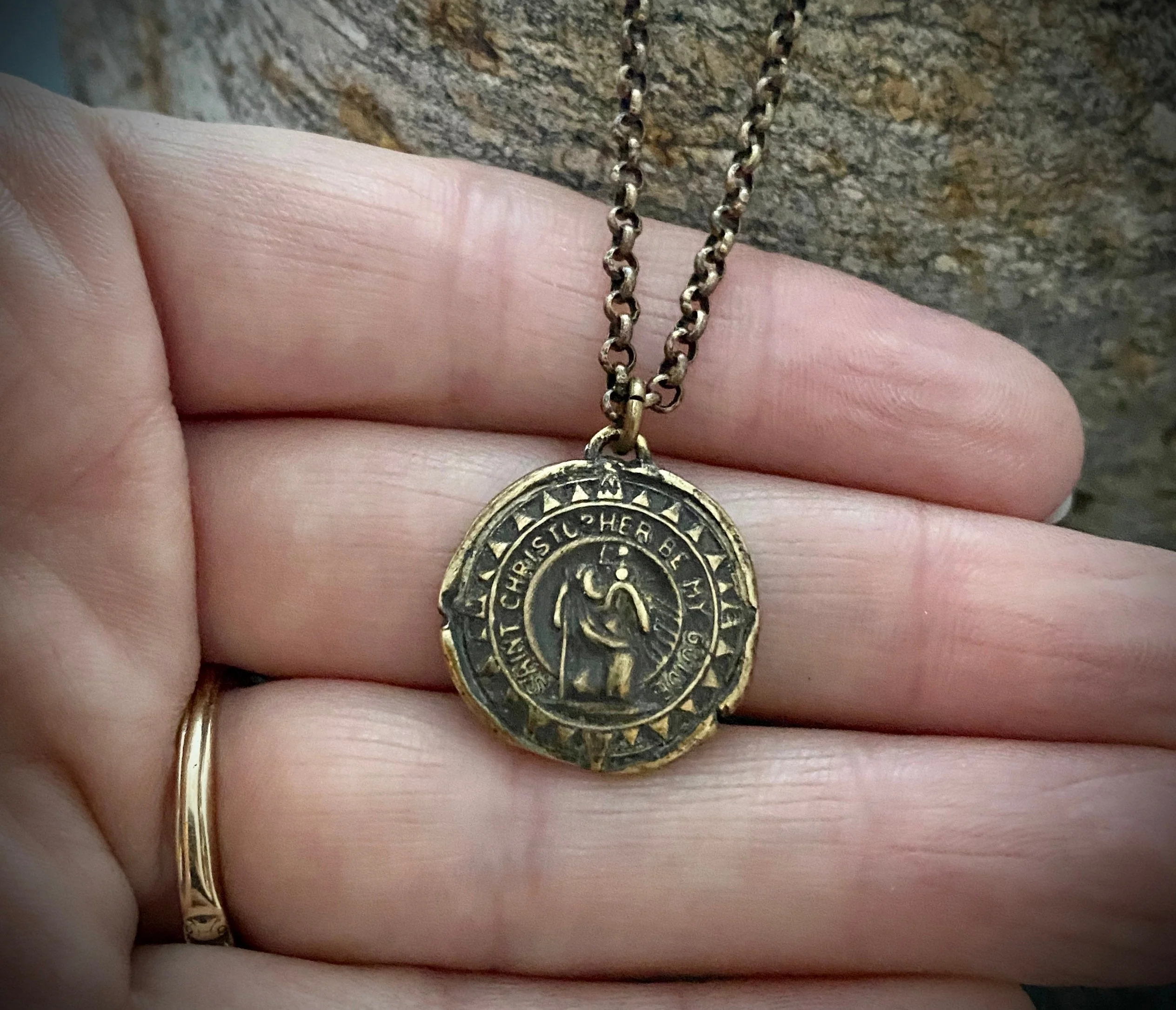 Men's Antiqued Brass Bronze Necklace with St. Christopher Medal, Unisex Necklace, Chain length 20 or 24 inches BR-035 - Image 2