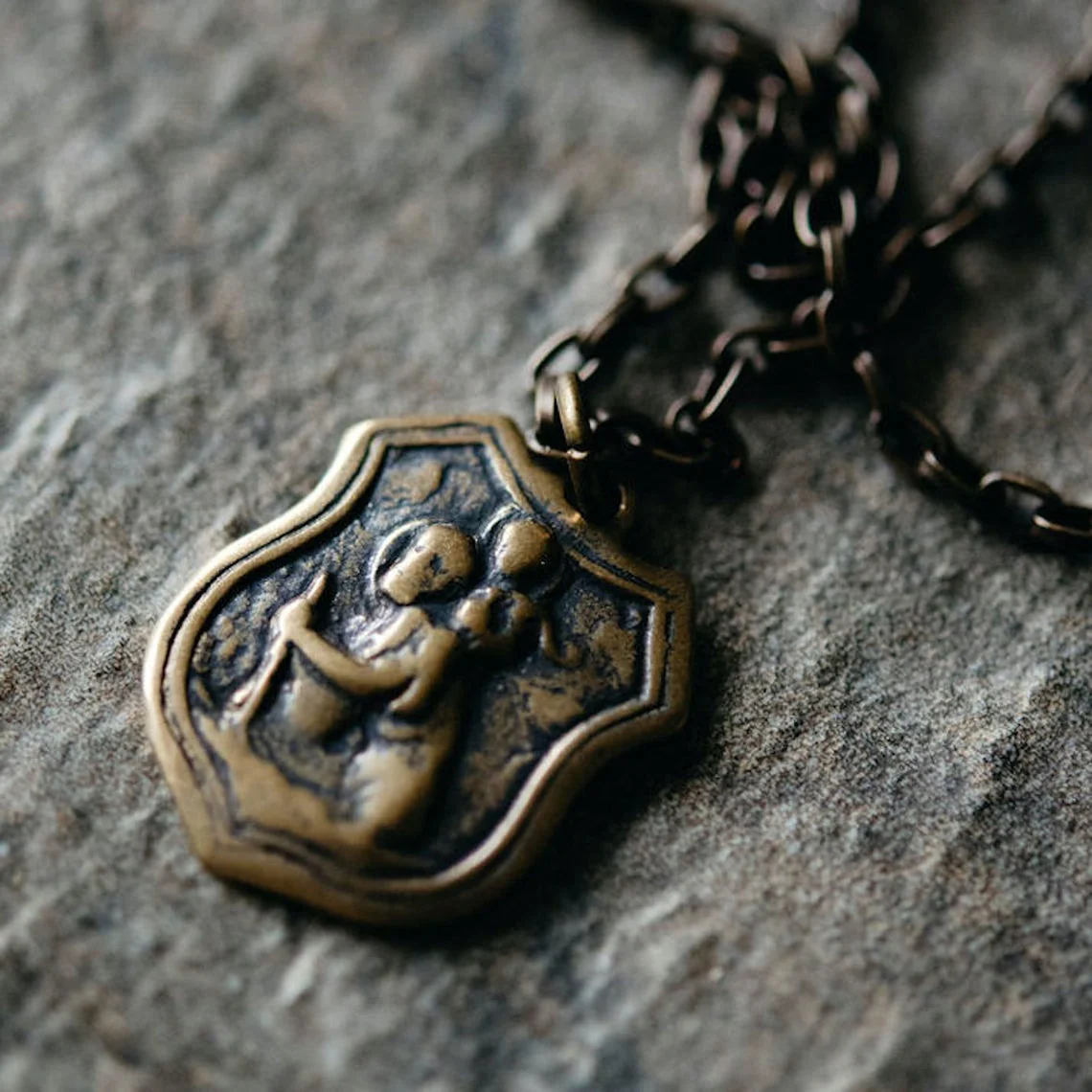 Men's Antiqued Brass Necklace with Large St. Christopher Compass Medal, Unisex Jewelry, Chain length 20 or 24 inches BR-053 - Image 2