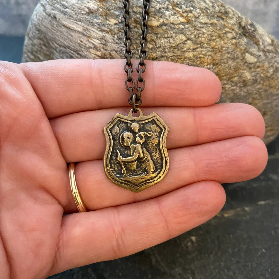 Men's Antiqued Brass Necklace with Large St. Christopher Compass Medal, Unisex Jewelry, Chain length 20 or 24 inches BR-053 - Image 3