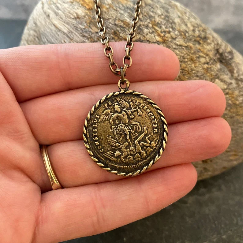 Men's Archangel St. Michael, Antiqued Brass and Bronze Unisex Jewelry, 20 or 24 Inch Rolo Chain, BR-057 - Image 3