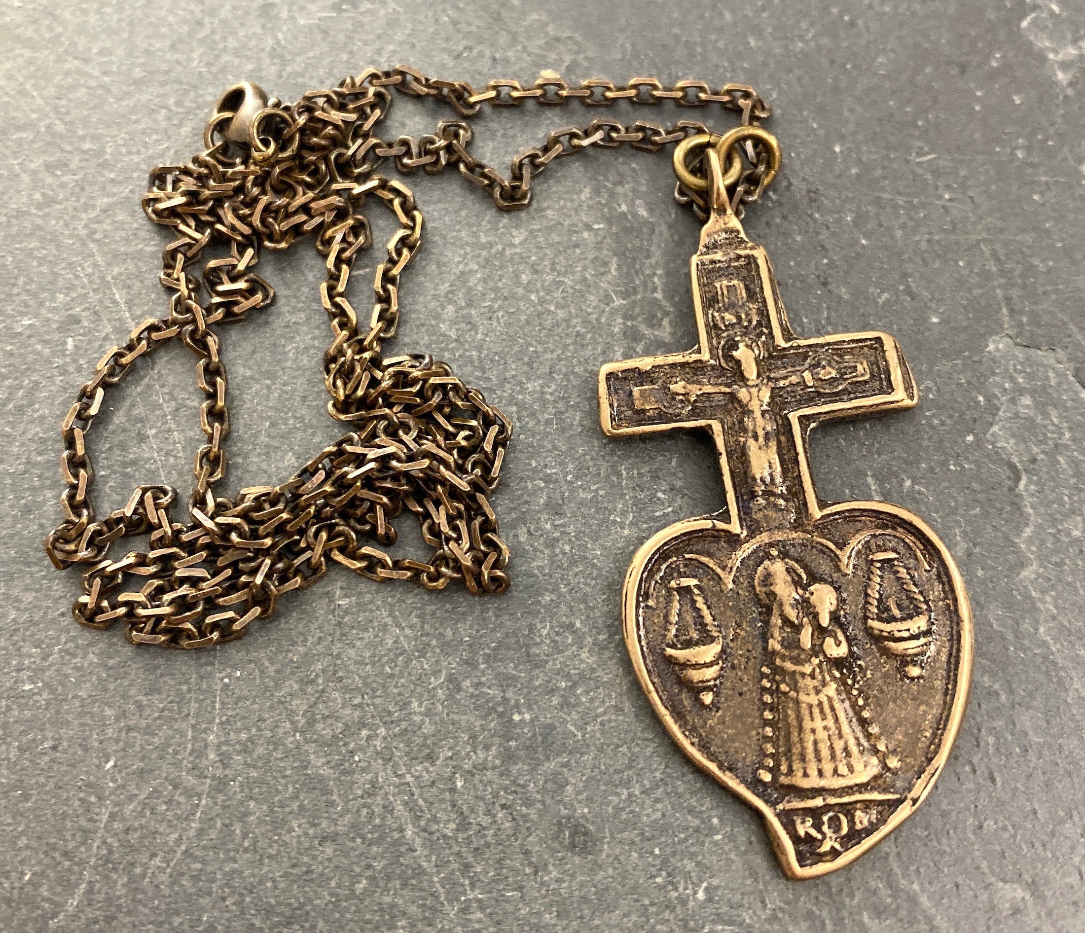 Men's Brass Bronze Crucifix Necklace, Cast from Ancient Antique Cross Heart Mary, Unisex Chain Jewelry, BR-024 - Image 2