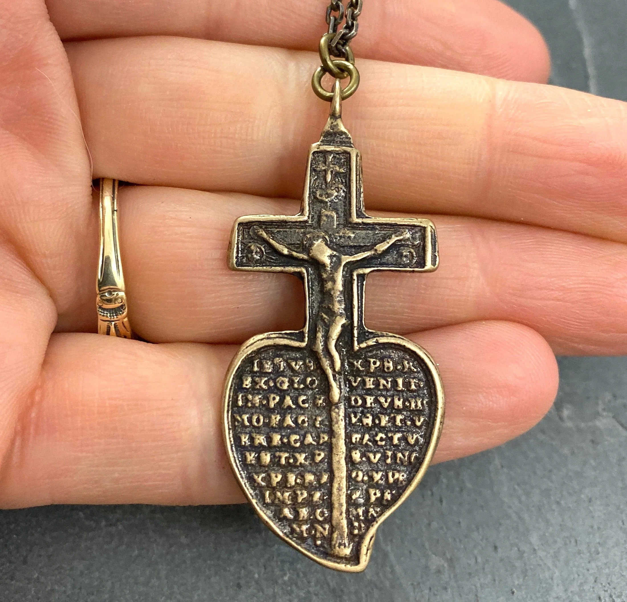 Men's Brass Bronze Crucifix Necklace, Cast from Ancient Antique Cross Heart Mary, Unisex Chain Jewelry, BR-024 - Image 3