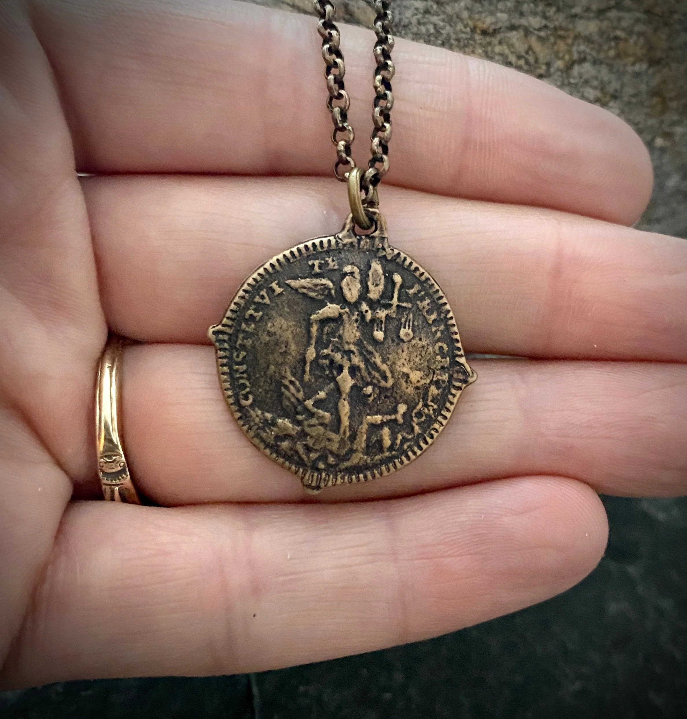Men's Cross Necklace, Archangel St. Michael, Antiqued Brass and Bronze Unisex Jewelry, 20 or 24 Inch Chain, BR-026 - Image 4
