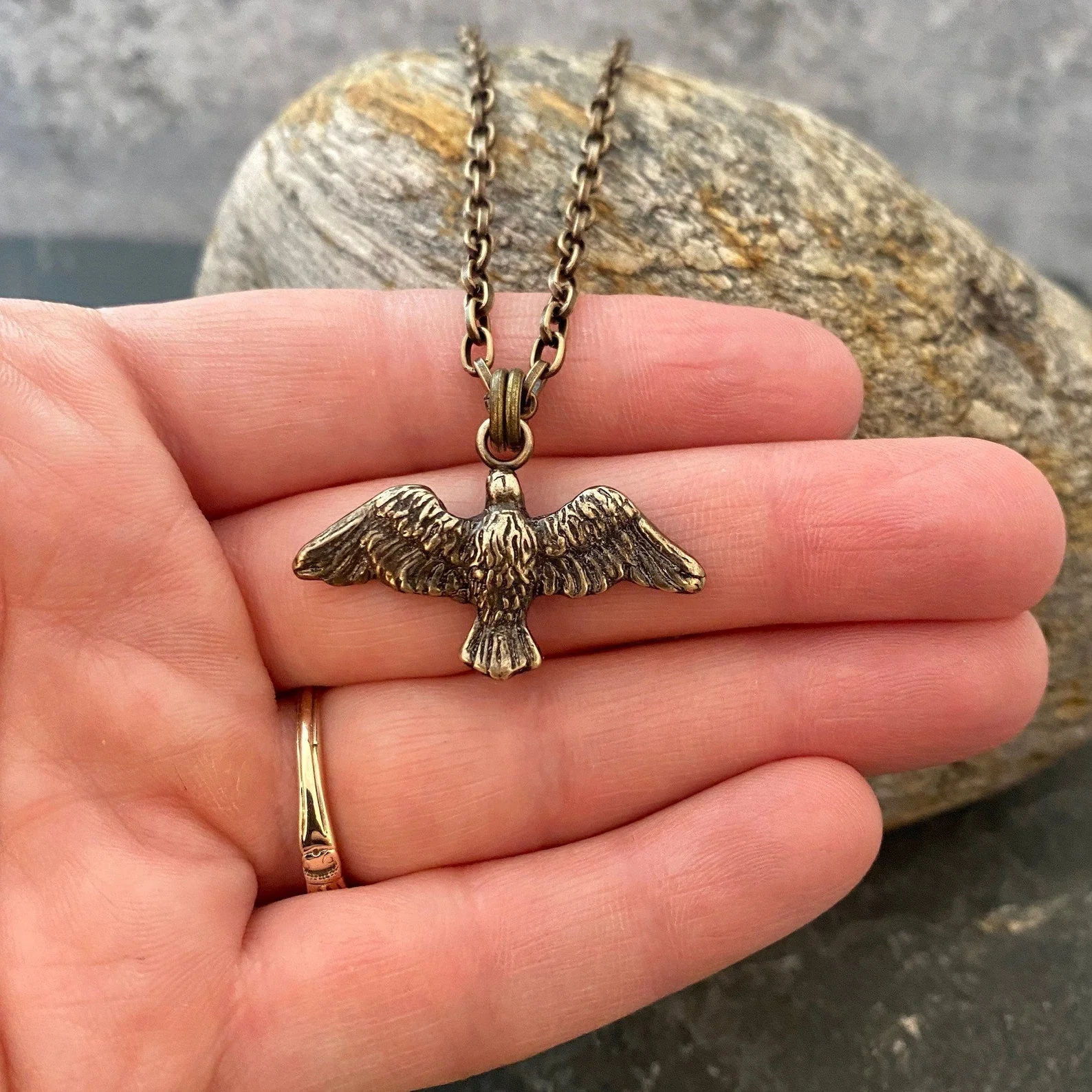 Men's Eagle Bird Necklace, Freedom Jewelry, Brass and Bronze Unisex Jewelry, 20 or 24 Inch Rolo Chain, BR-059 - Image 3