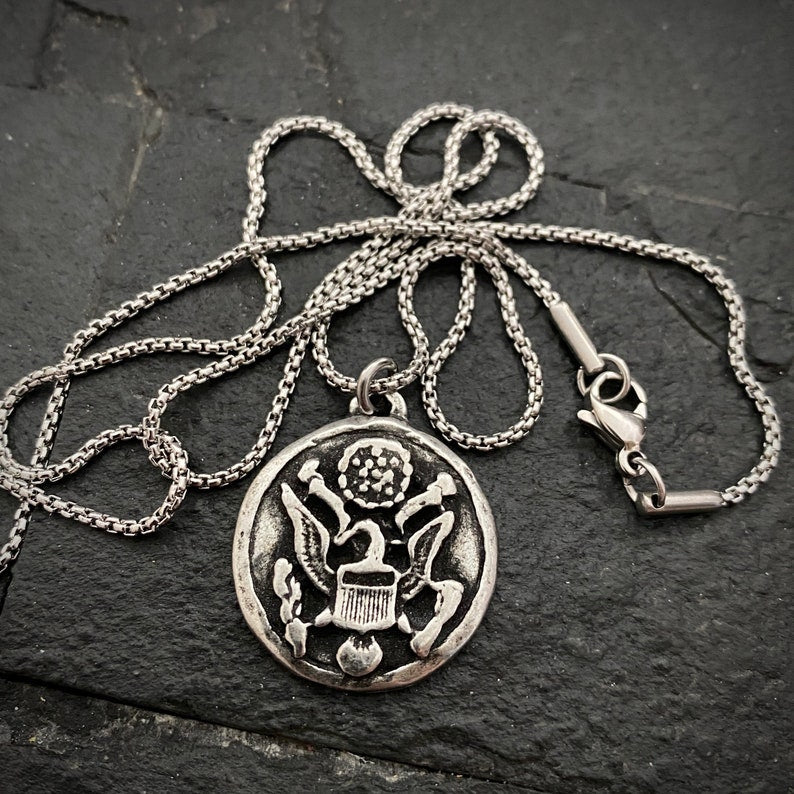 Men's Eagle Necklace, Silver Pewter Jewelry cast from Antique Military Button, Great American Seal, 20 or 24 Inch Rolo Chain, ST-039 - Image 2