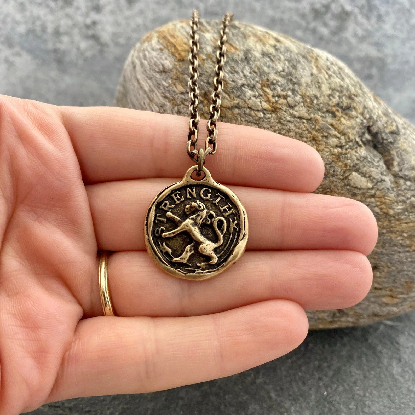 Men's Lion, Strength Wax Seal Necklace, Antiqued Brass Bronze Unisex Jewelry, Chain length 20 or 24 inches BR-060 - Image 2