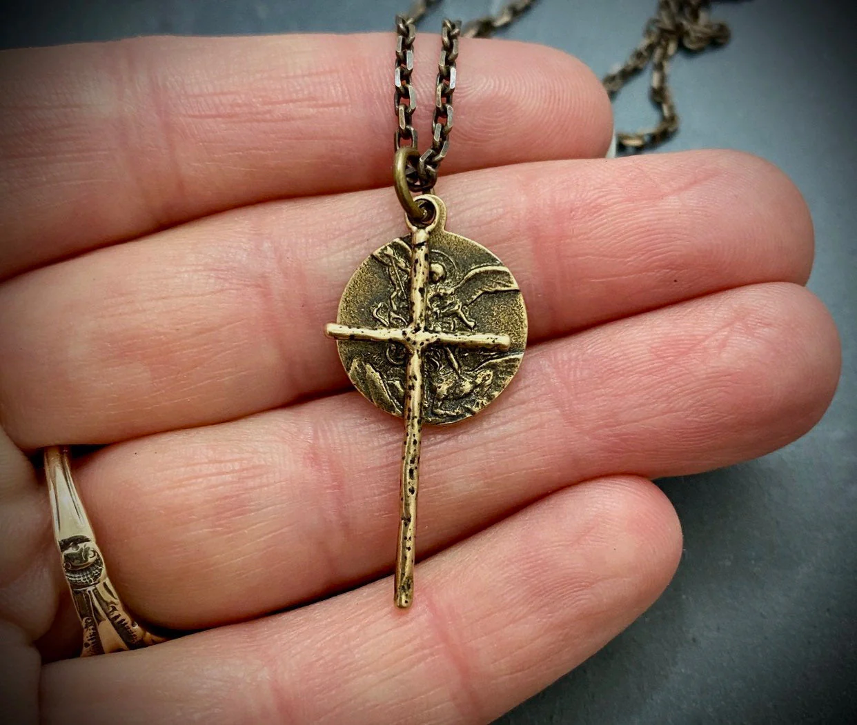 Men's Necklace, Archangel St. Michael Vintage Style Catholic Medal with Cross, Antiqued Brass Unisex Jewelry, 20 or 24 Inch Chain, BR-034 - Image 2