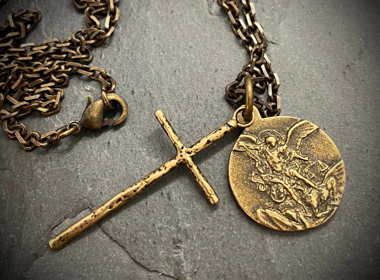 Men's Necklace, Archangel St. Michael Vintage Style Catholic Medal with Cross, Antiqued Brass Unisex Jewelry, 20 or 24 Inch Chain, BR-034 - Image 3