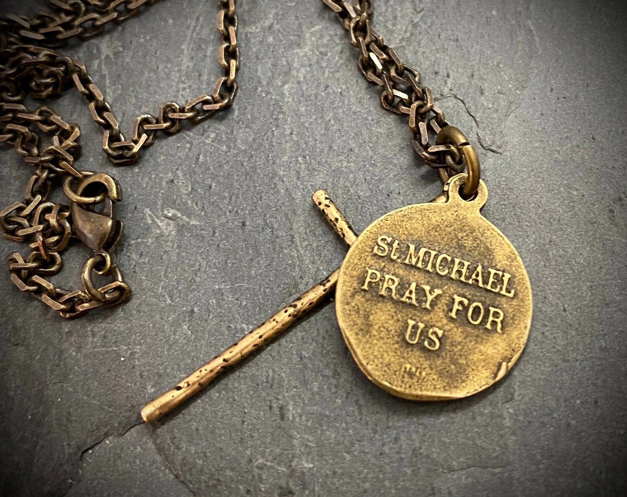 Men's Necklace, Archangel St. Michael Vintage Style Catholic Medal with Cross, Antiqued Brass Unisex Jewelry, 20 or 24 Inch Chain, BR-034 - Image 4