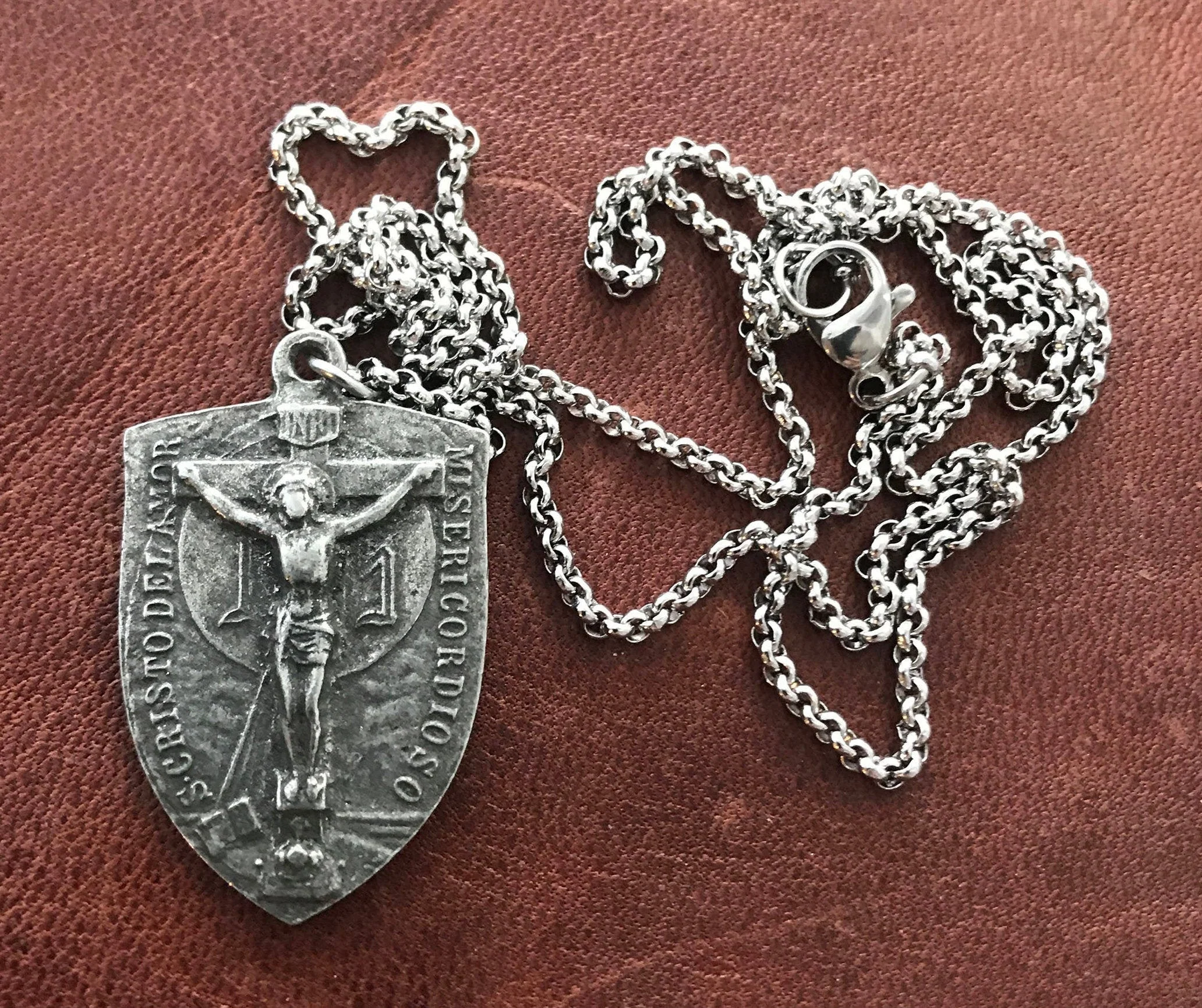 Men's Necklace featuring a Crucifix Shield and Blessed Mother Mary, Unisex Necklace, Catholic Pendant 20 or 24 inch Chain, ST-023 - Image 2
