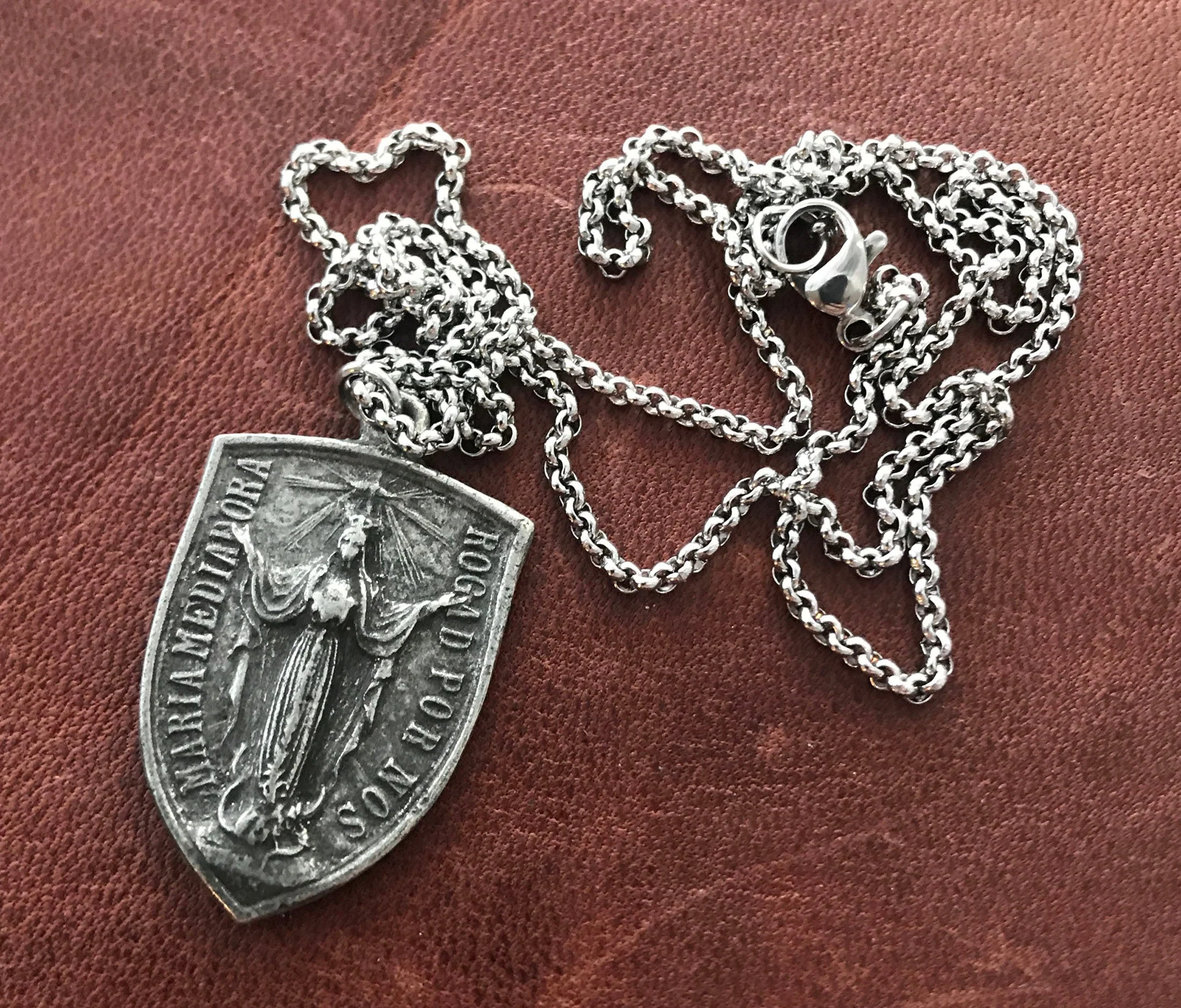 Men's Necklace featuring a Crucifix Shield and Blessed Mother Mary, Unisex Necklace, Catholic Pendant 20 or 24 inch Chain, ST-023 - Image 4