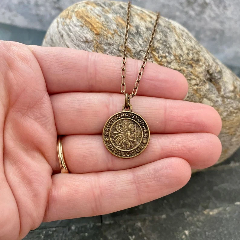 Men's Necklace St. Christopher - Protection, Unisex Necklace, 20 or 24 inch Antiqued Brass necklace BR-014 - Image 2