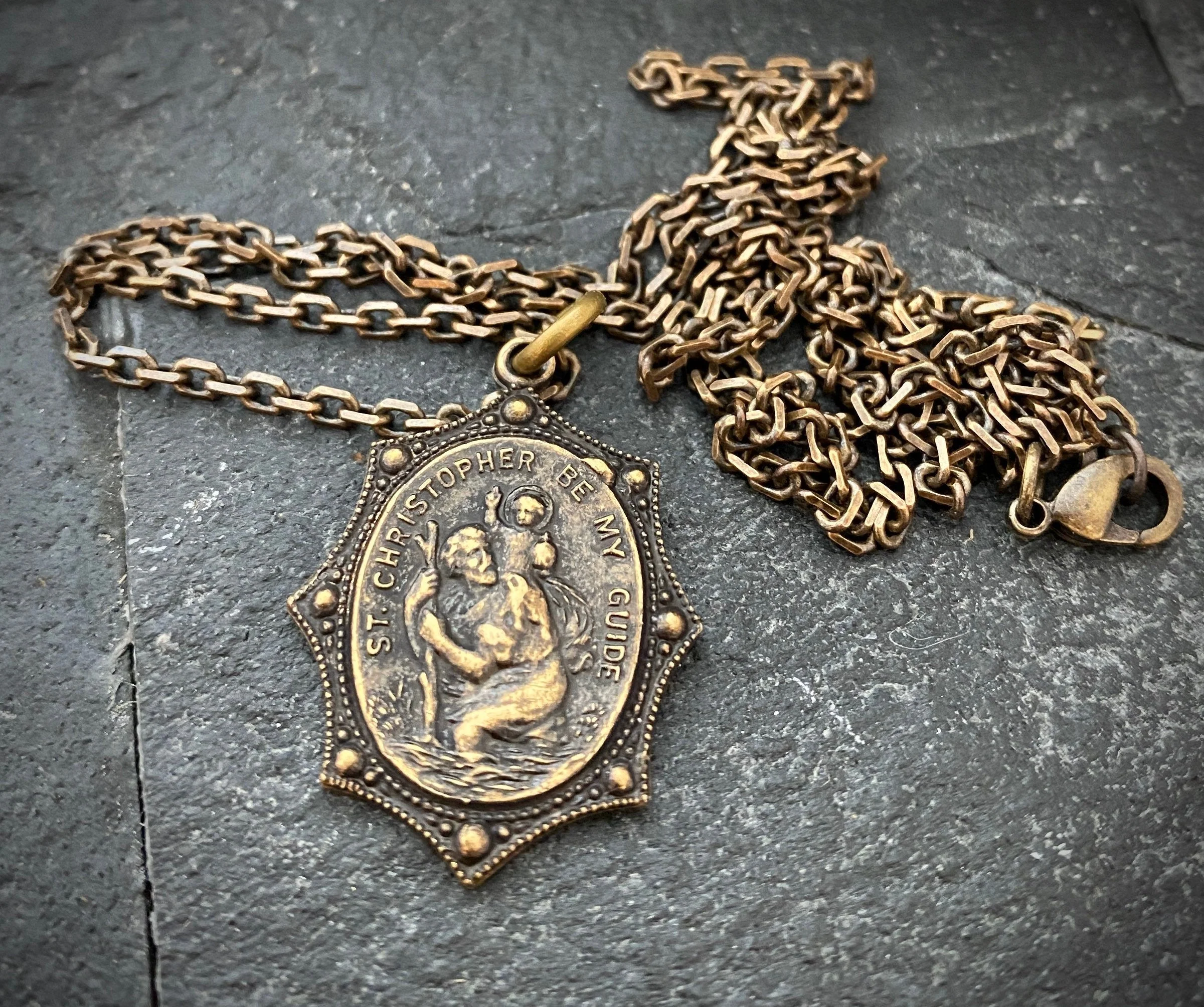 Men's Necklace, Vintage Style St. Christopher, Protection, Protect Us, Patron of travelers, 20 or 24 inches, Antiqued Brass, BR-008 - Image 6