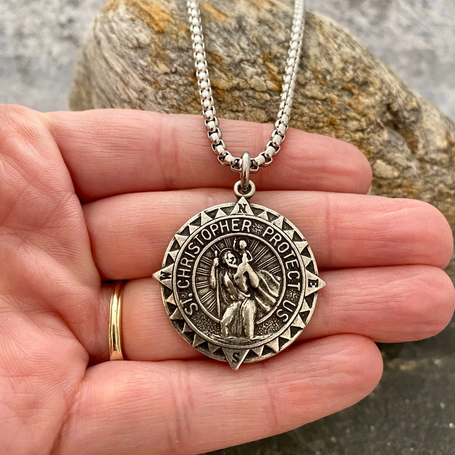 Men's Necklace with Large Silver Pewter St. Christopher Compass Medal, Unisex Jewelry, Stainless Steel ST-038 - Image 2