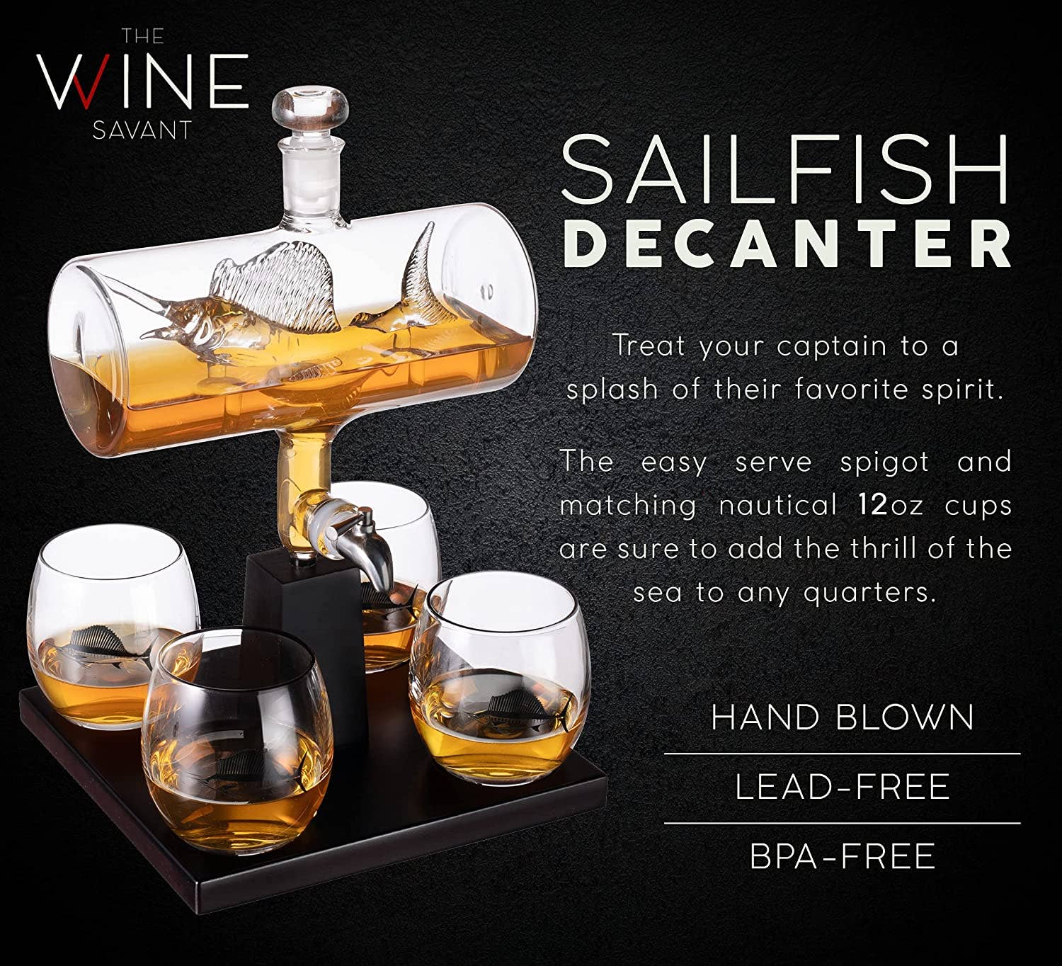 Sailfish Whiskey Decanter Dispenser and 4 Liquor Glasses - Image 4