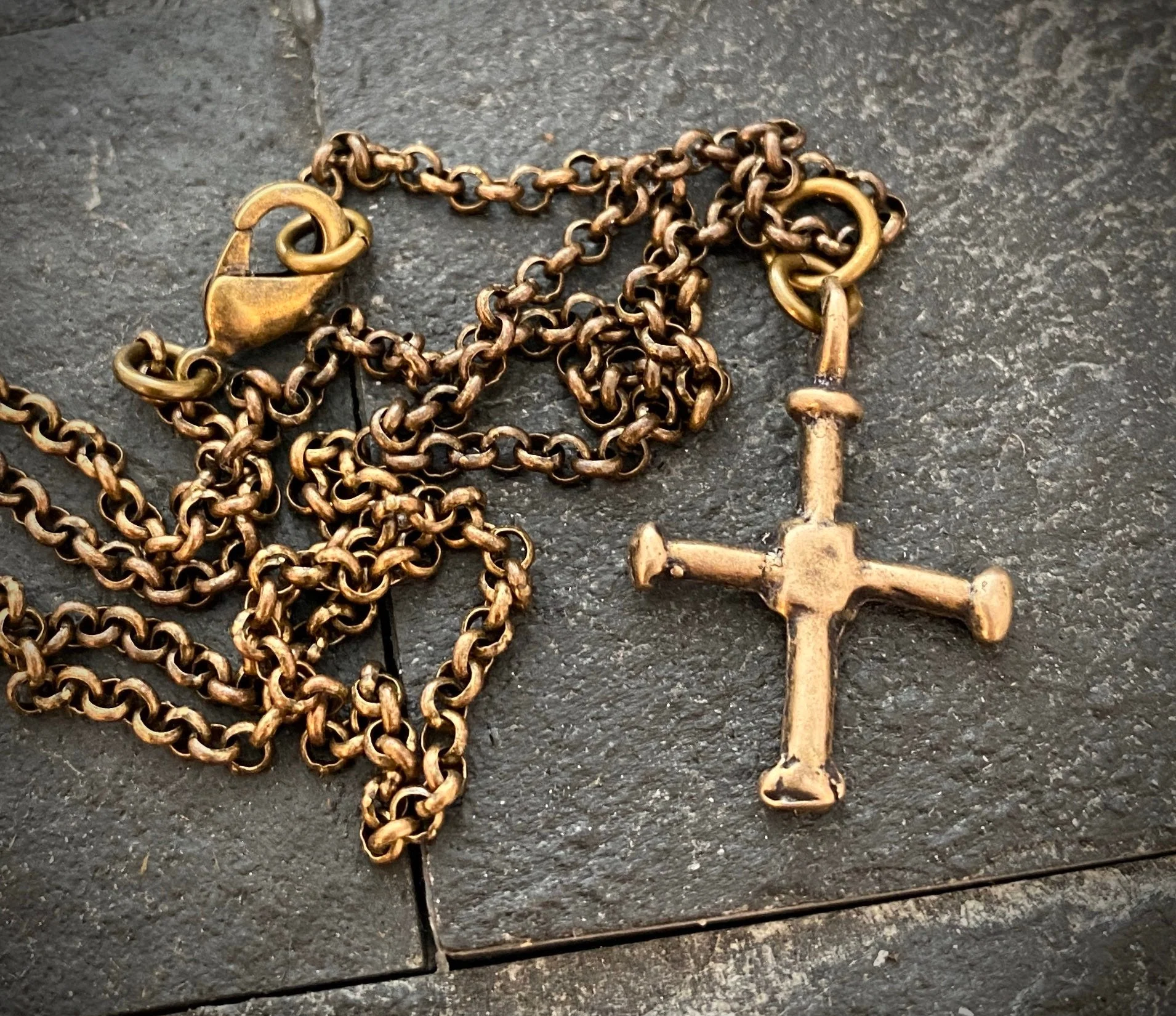 Small Cross Antiqued Solid Bronze Men's Necklace, Ancient Viking Cross, Unisex Jewelry, Brass Chain BR-040 - Image 3