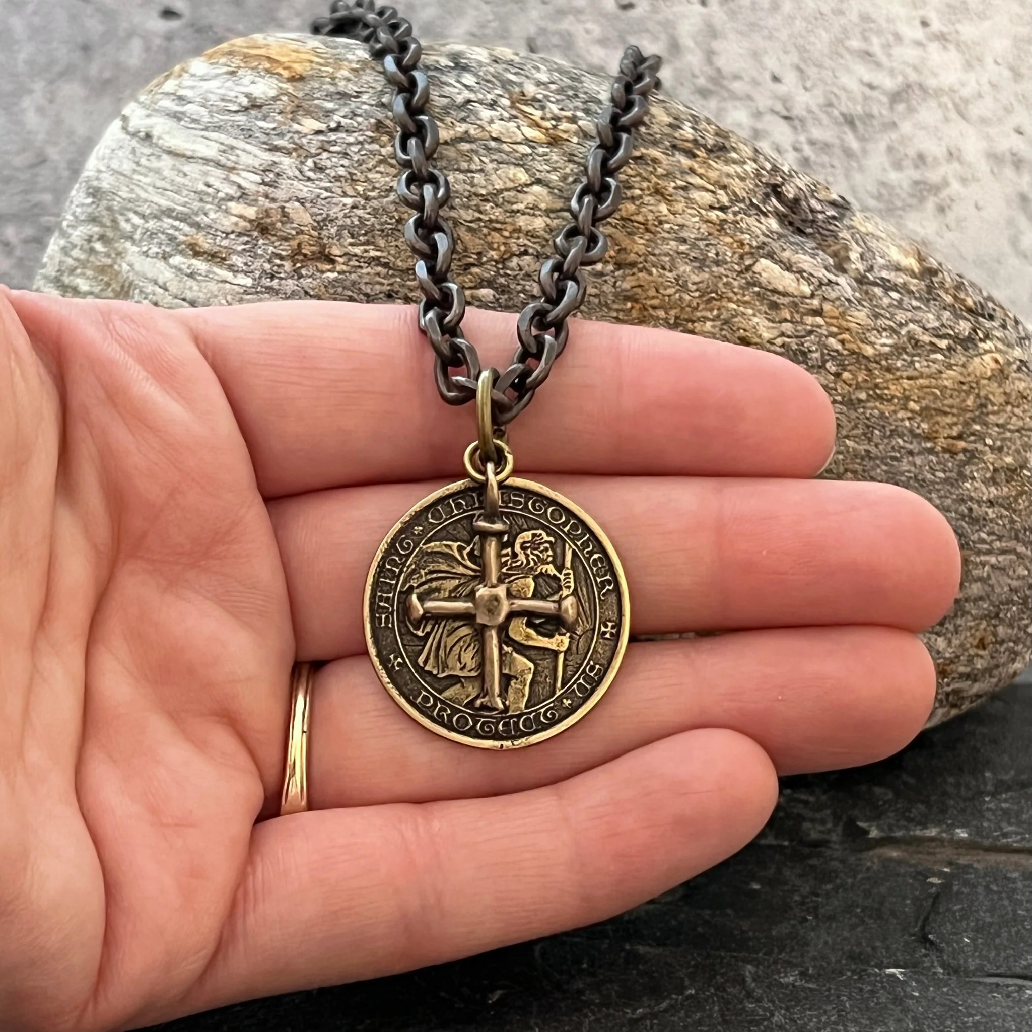 St. Christopher and Cross Antiqued Brass Men's Necklace, Johnny LTD Vintage Catholic Medal and Ancient Cross, Unisex Necklace, BR-025-20 - Image 3