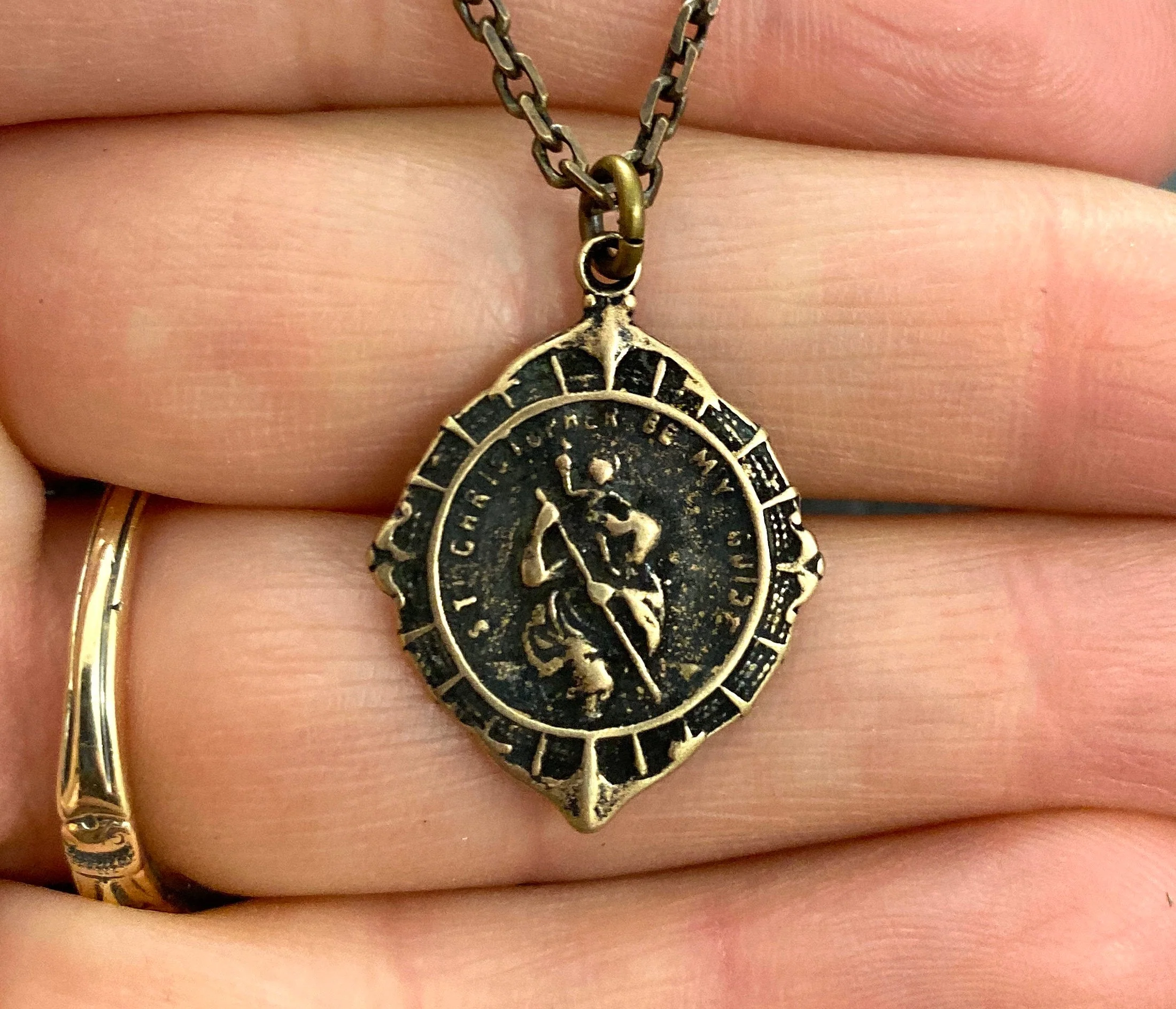 St. Christopher Antiqued Brass Men's Necklace, Johnny LTD  featuring a Vintage Catholic Medal, Unisex Necklace, BR-023 - Image 2