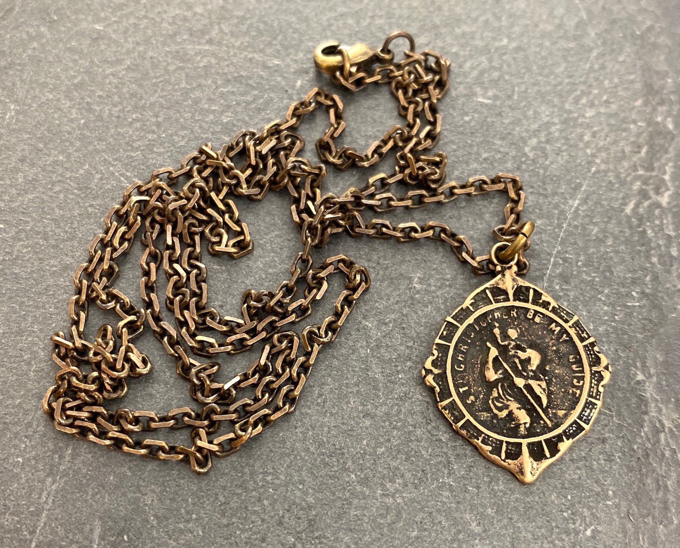 St. Christopher Antiqued Brass Men's Necklace, Johnny LTD  featuring a Vintage Catholic Medal, Unisex Necklace, BR-023 - Image 3