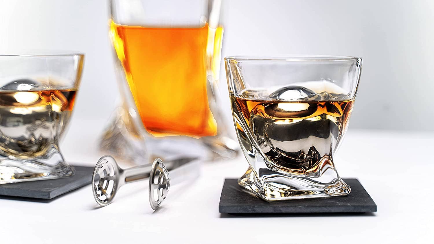 Whiskey Stones & Decanter Gift Set - 2 Glasses, 2 Coasters - Image 2